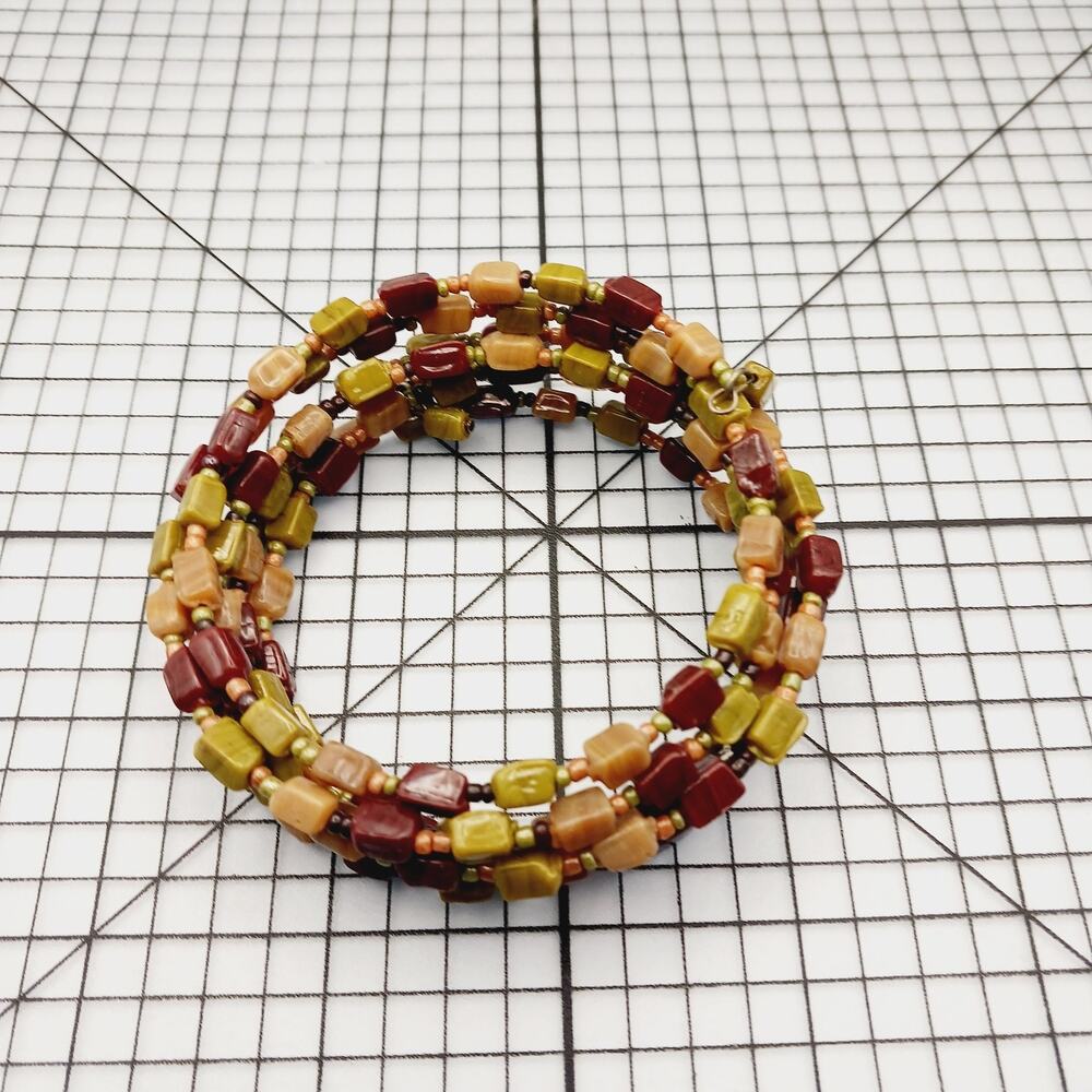 Bracelet VTG Coil Wrap Beaded Multi Strand Earth Tone Boho Memory Wire Y2K 2000s